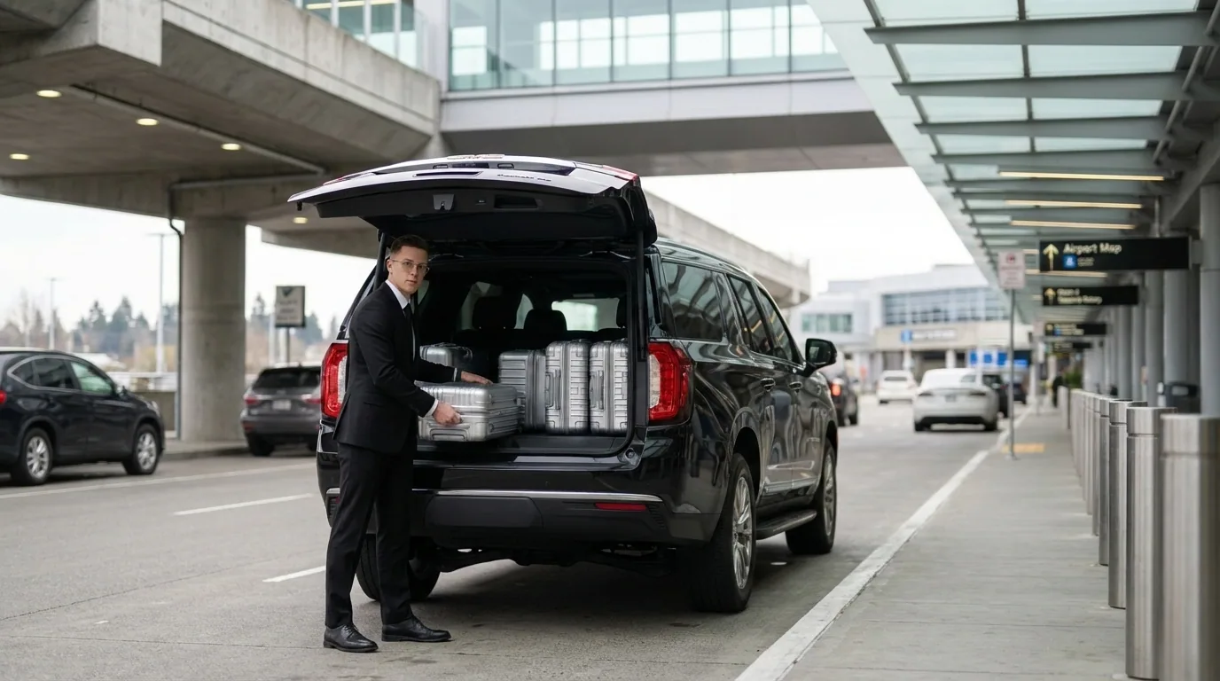 Chauffeur organizing cruise luggage at an airport curbside pickup area