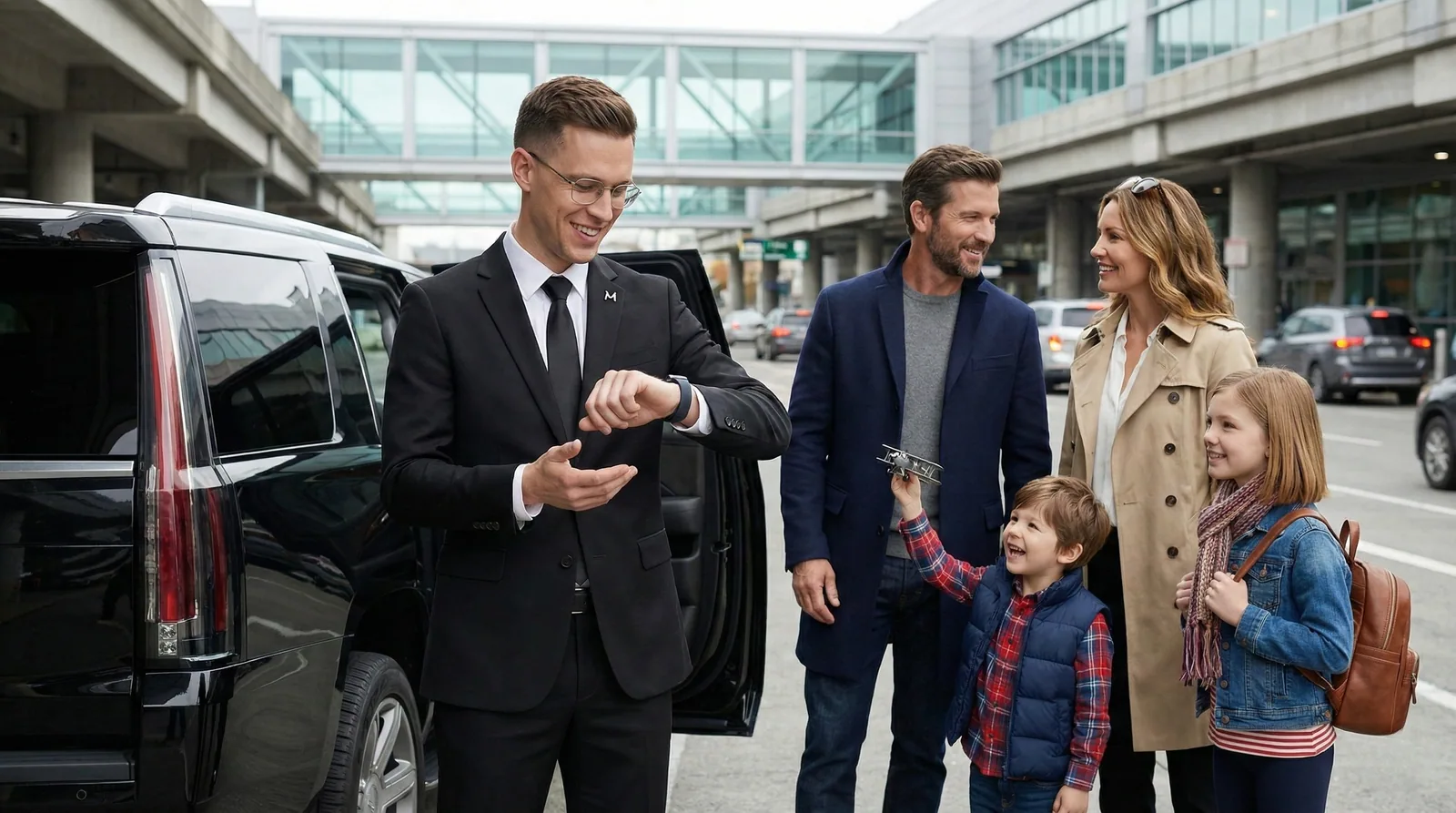 Metro Elite chauffeur checking arrival timing while greeting a family at SEA Airport curbside