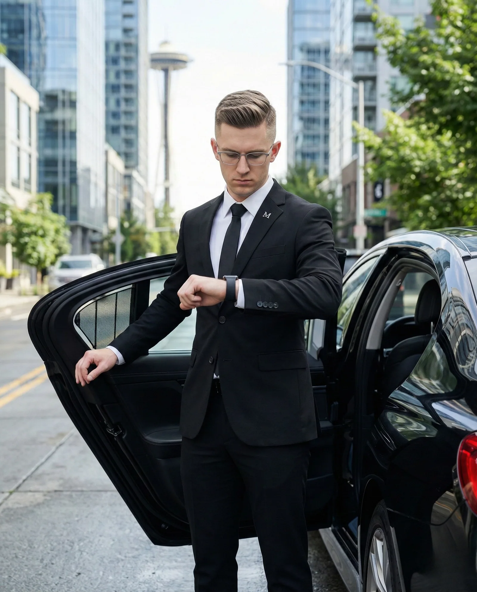 Modern professional chauffeur checking his smartwatch next to a luxury black sedan
