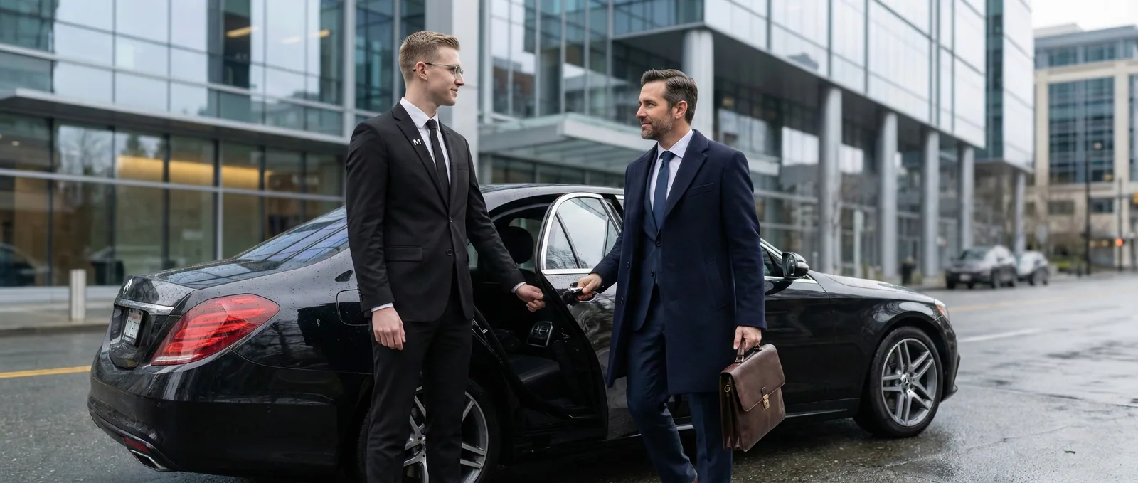 Professional Metro Elite chauffeur holding the door for a corporate traveler outside a modern glass office building