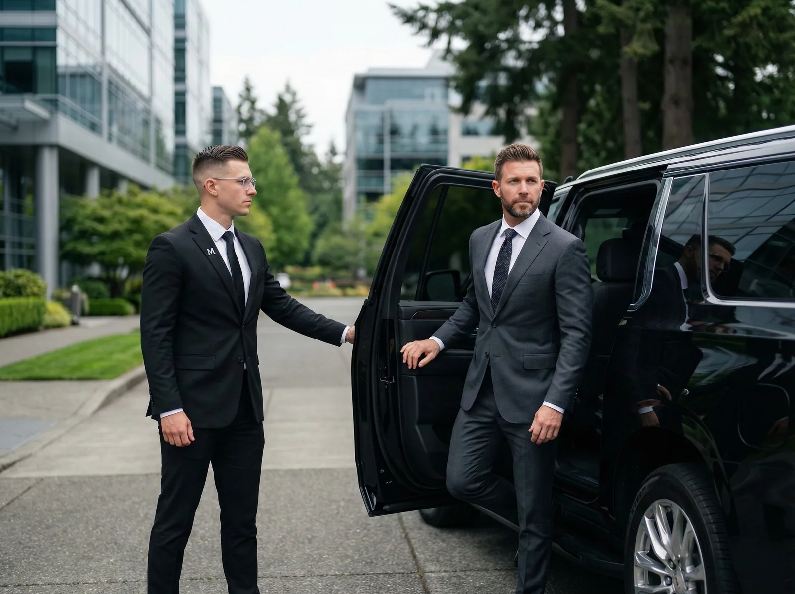 Chauffeur holding the door open for an executive traveler at a modern Bellevue tech campus