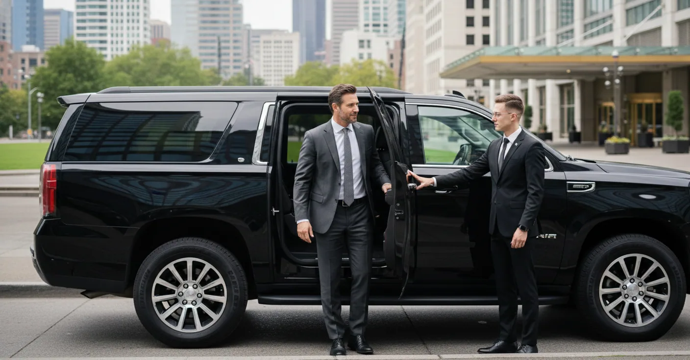 Chauffeur holding the door open for an executive traveler at a luxury Downtown Seattle location