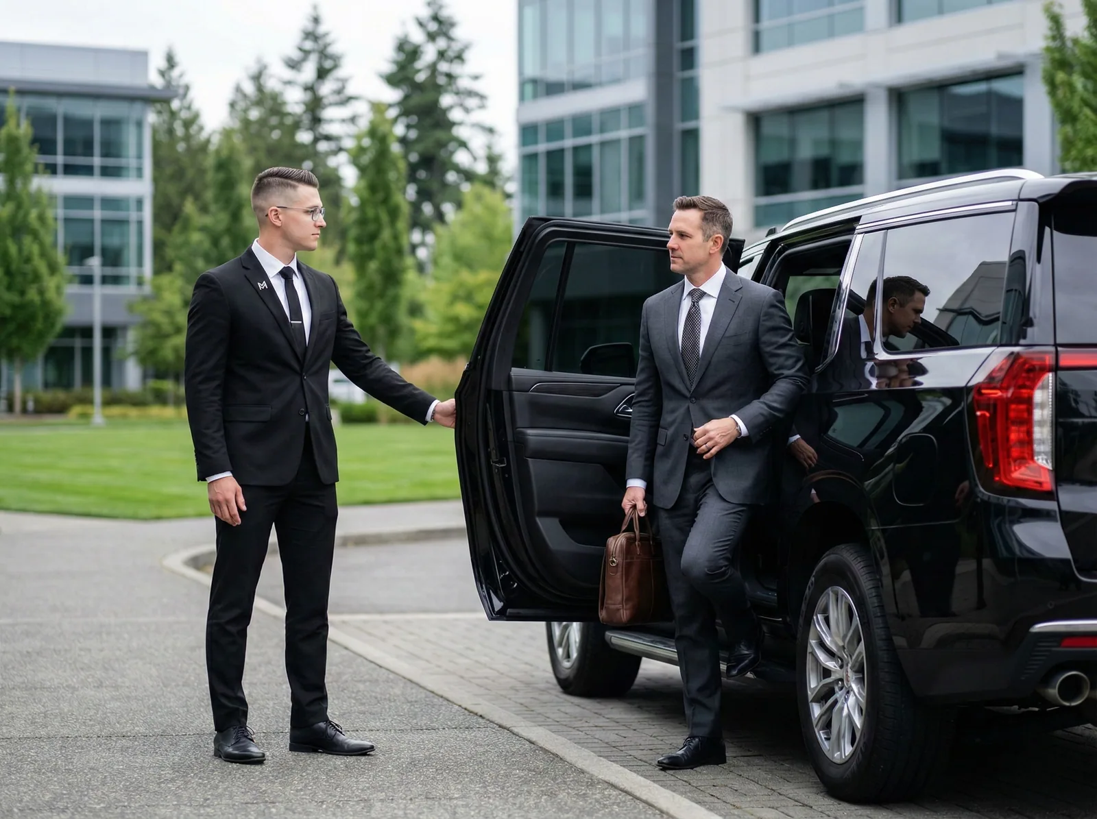 Chauffeur holding the door for an executive traveler at a modern Redmond tech campus