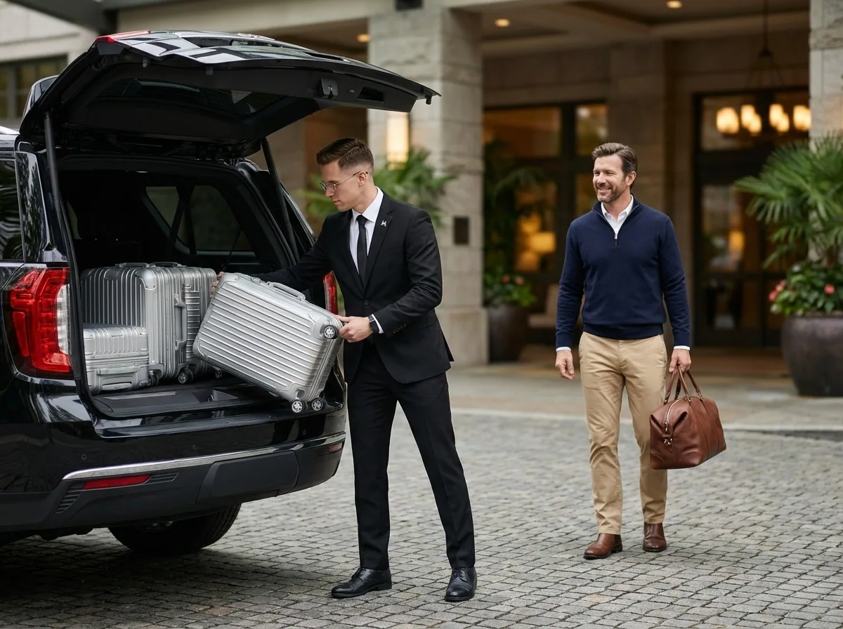 Chauffeur loading heavy cruise luggage into a Metro Elite SUV for a traveler