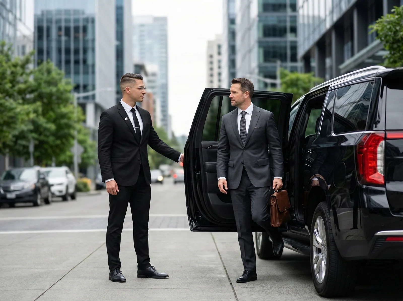 Chauffeur holding the door for a corporate traveler at a sleek South Lake Union tech building