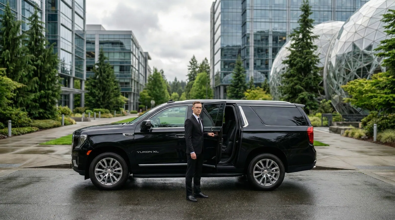 Professional Metro Elite chauffeur holding the door open at a lush Pacific Northwest tech corporate campus