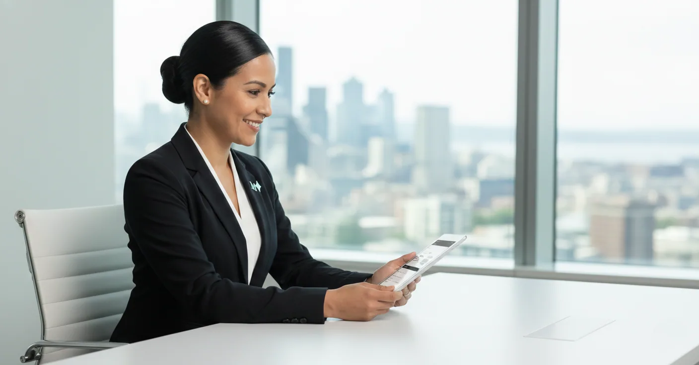 Metro Elite coordinator managing reservations on a tablet in a bright Seattle office
