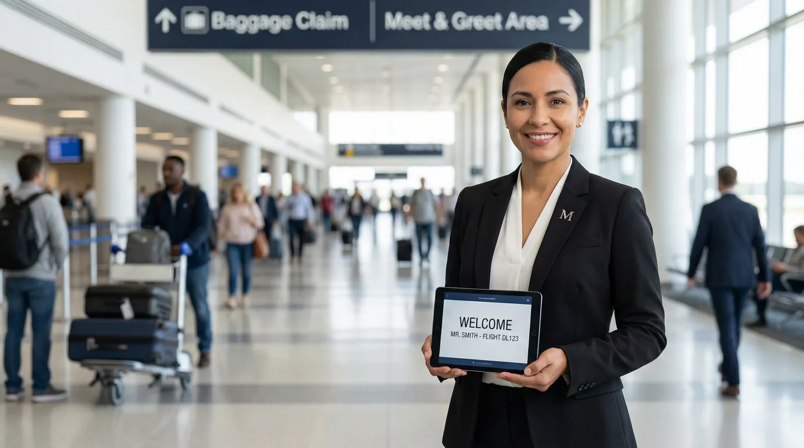 Professional Metro Elite concierge holding a welcome tablet at SEA Airport baggage claim