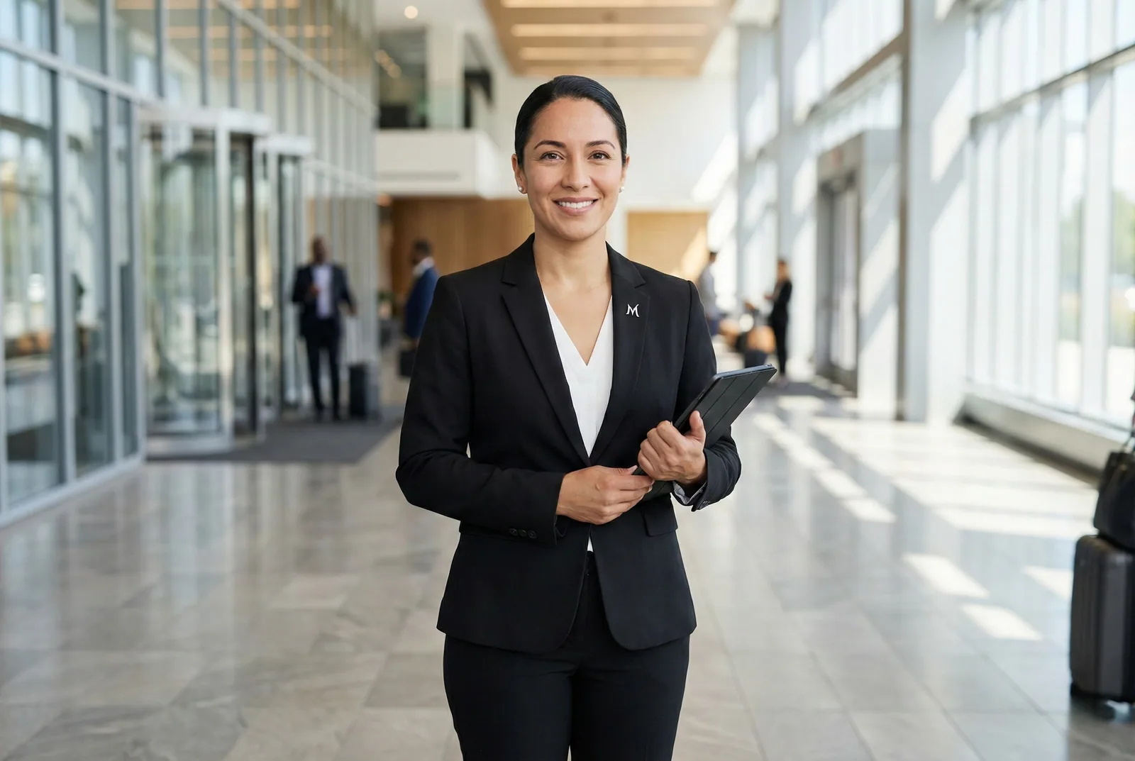 Professional executive chauffeur in a modern glass-walled corporate lobby