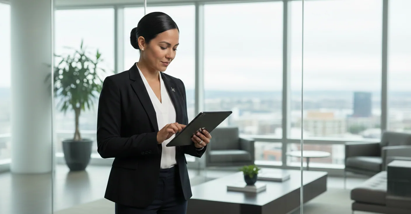 Metro Elite coordinator reviewing a corporate travel itinerary on a tablet in a modern Seattle office