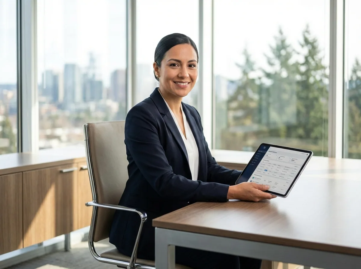 Metro Elite coordinator managing reservations on a tablet in an Eastside executive office
