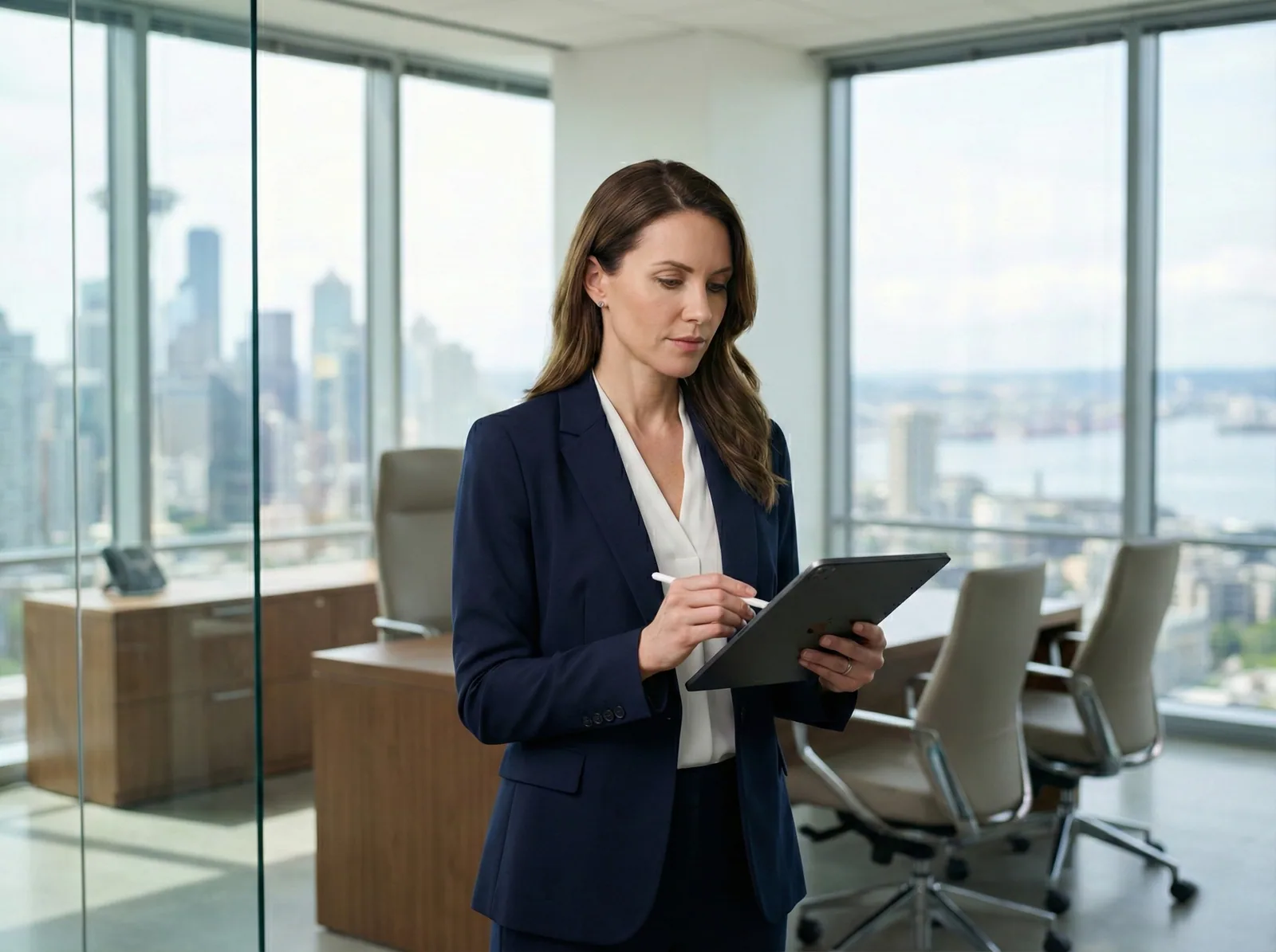 Metro Elite coordinator managing cruise terminal logistics and schedules on a tablet in an office