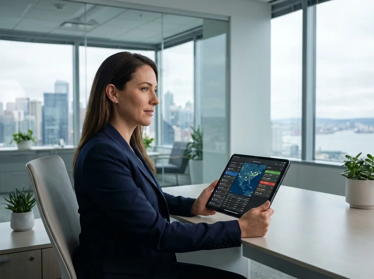 Metro Elite coordinator tracking live airport flight statuses on a tablet in a modern office