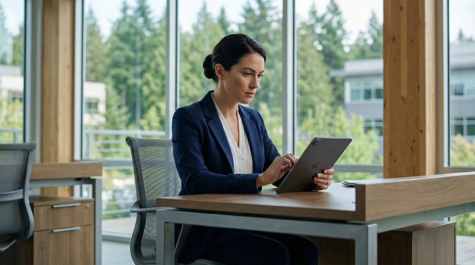 Coordinator managing complex digital campus maps and vehicle dispatch on a tablet in a corporate office