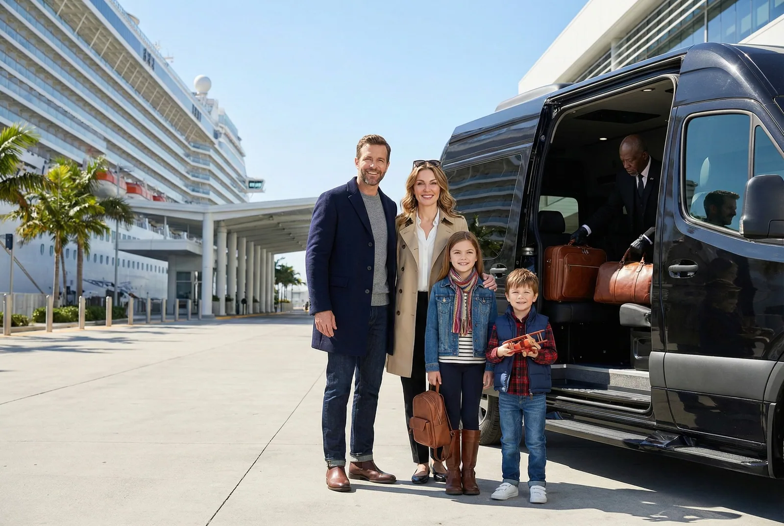 Affluent family standing relaxed near a luxury black Sprinter van at a sunny cruise terminal