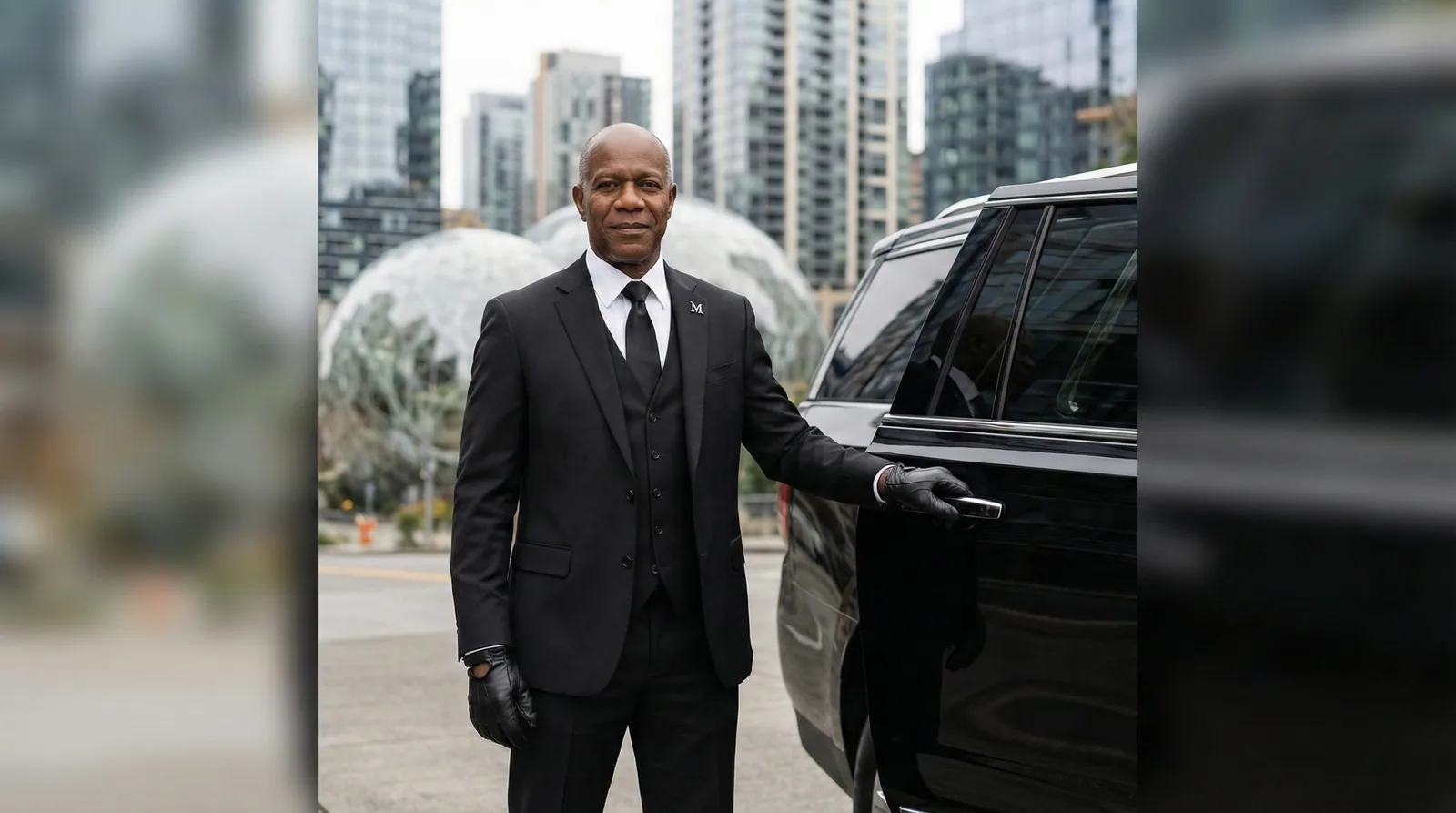 Professional chauffeur standing next to a GMC Yukon XL with the modern Amazon SLU tech campus in the background