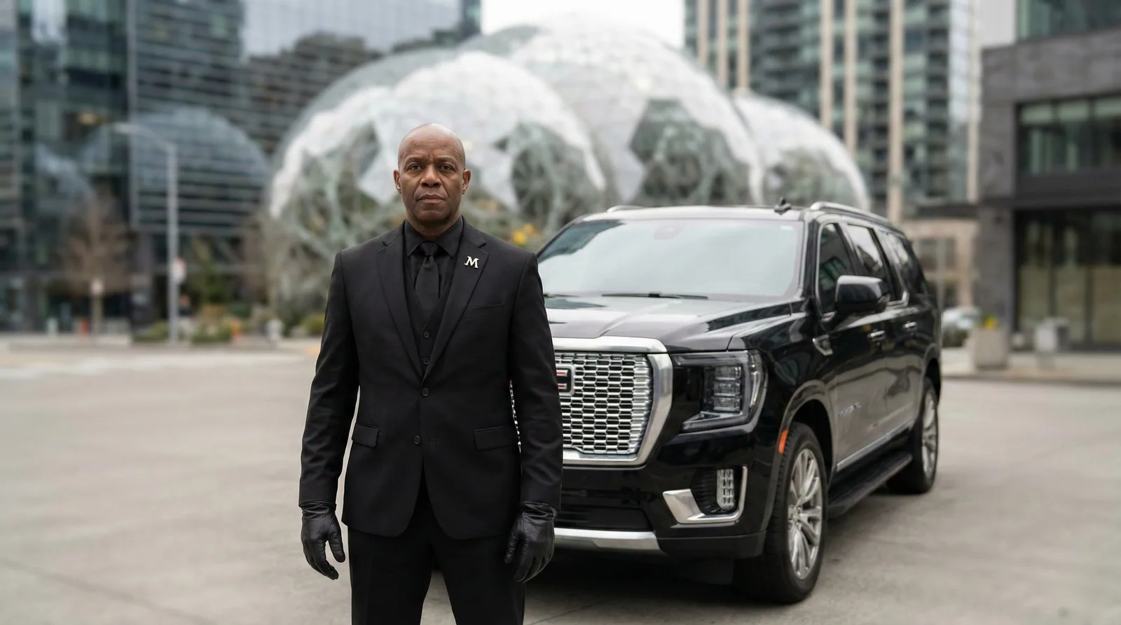 Professional chauffeur standing next to a GMC Yukon XL near the Amazon Spheres in downtown Seattle