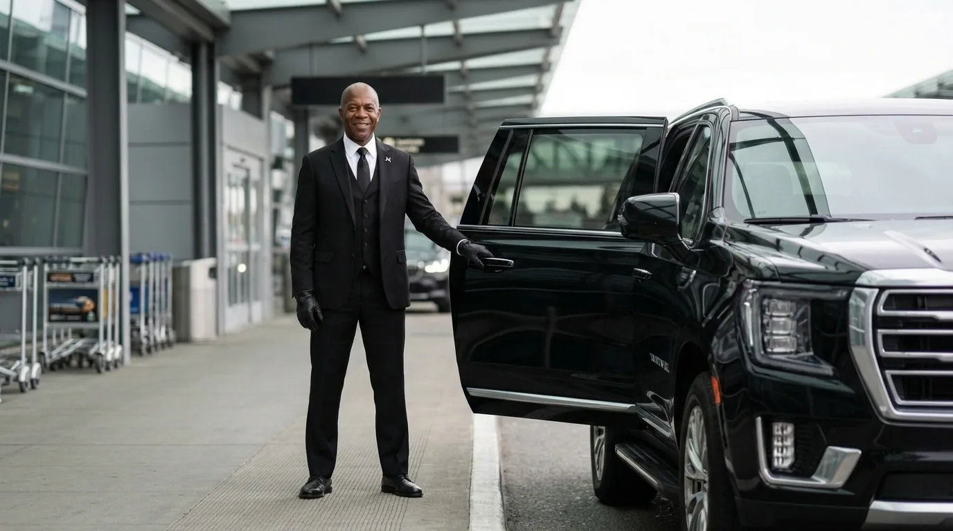 Professional chauffeur standing ready at the SEA airport arrivals curbside next to a premium SUV
