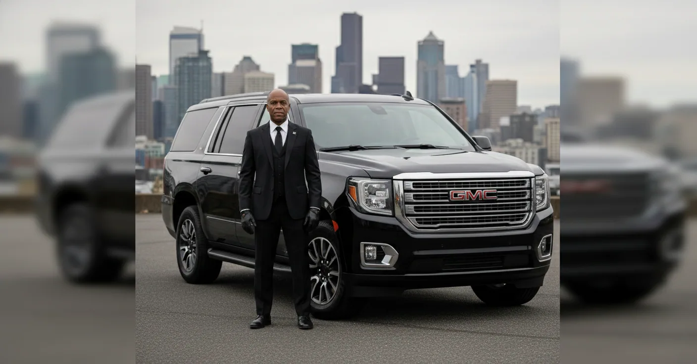 Professional chauffeur standing next to a GMC Yukon XL with the Downtown Seattle skyline in the background