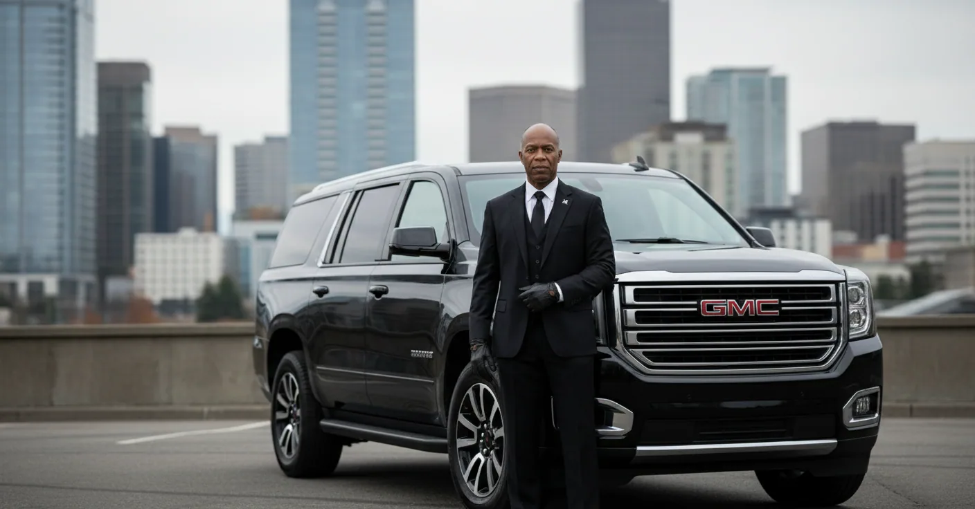 Professional chauffeur standing next to a GMC Yukon XL with the modern Bellevue skyline in the background