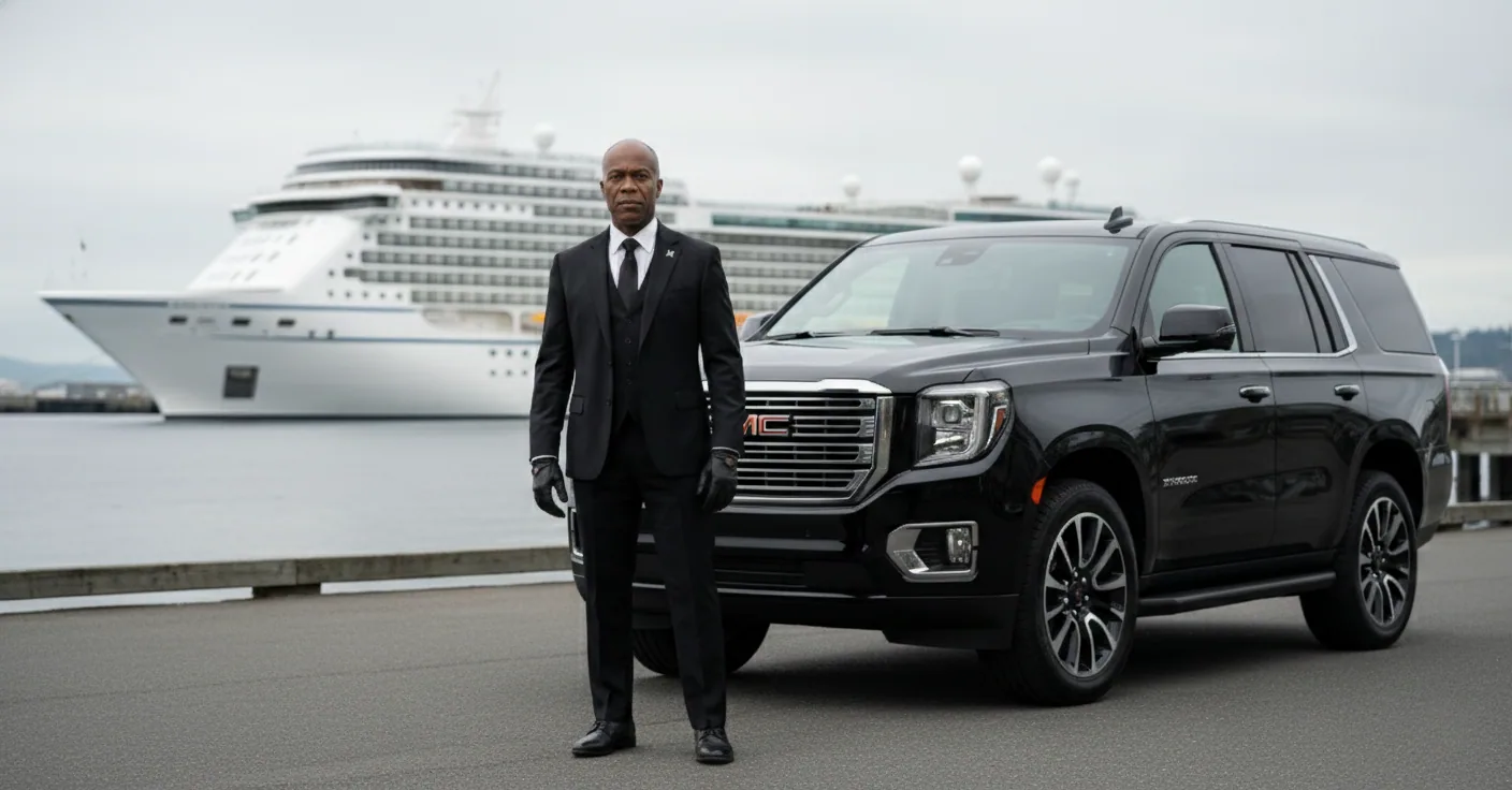 Professional chauffeur standing next to a GMC Yukon XL with a luxury cruise ship docked at Pier 91 in the background