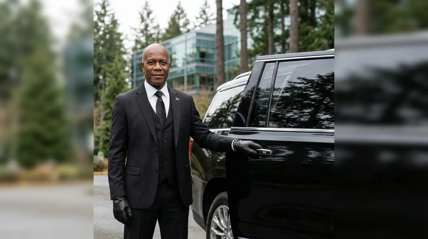 Professional chauffeur standing next to a GMC Yukon XL with a lush Redmond tech campus in the background