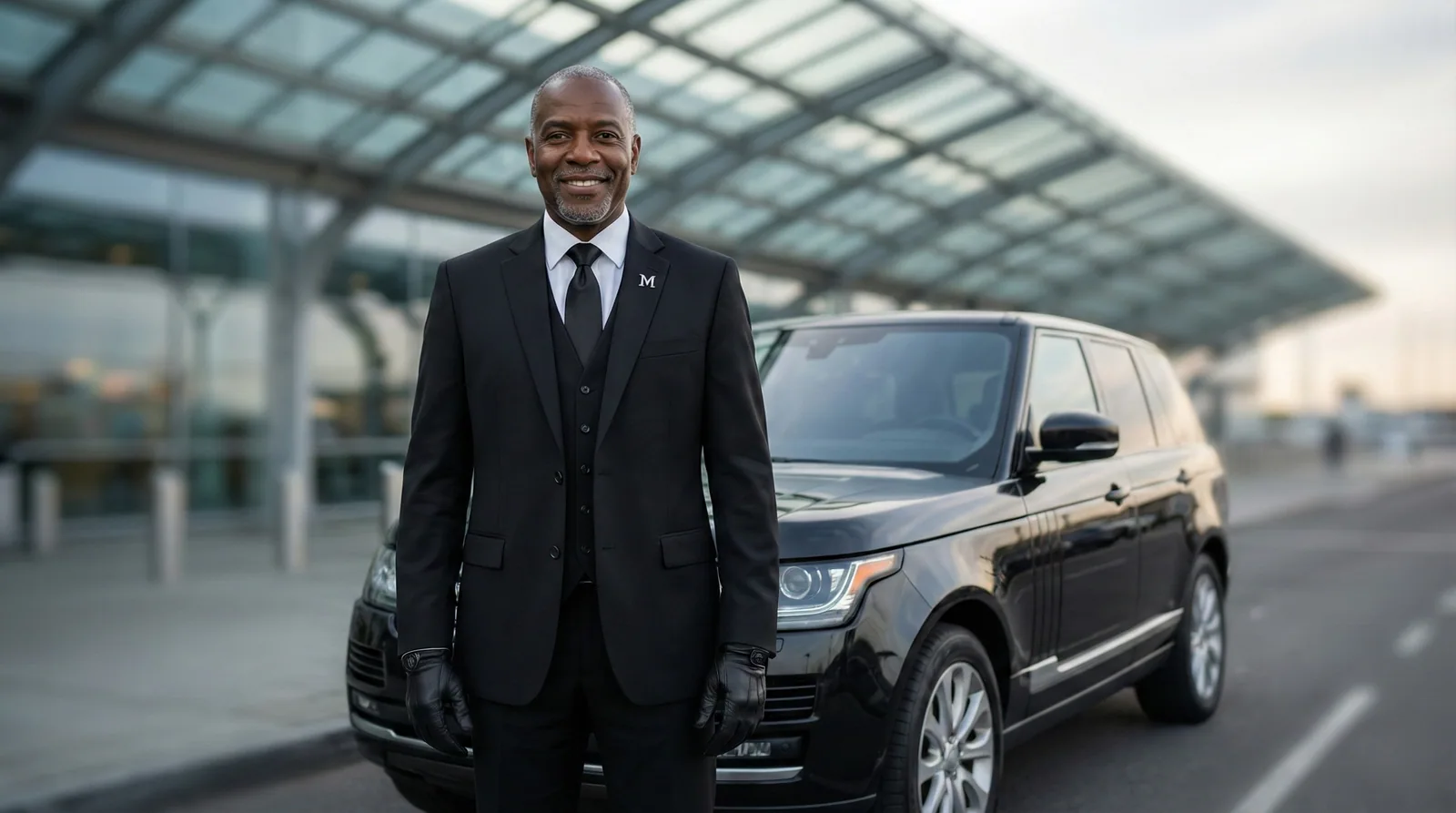 Professional chauffeur standing next to a sleek GMC Yukon XL at SEA Airport