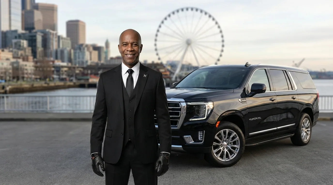 Professional chauffeur standing next to a GMC Yukon XL with the Seattle downtown waterfront in the background