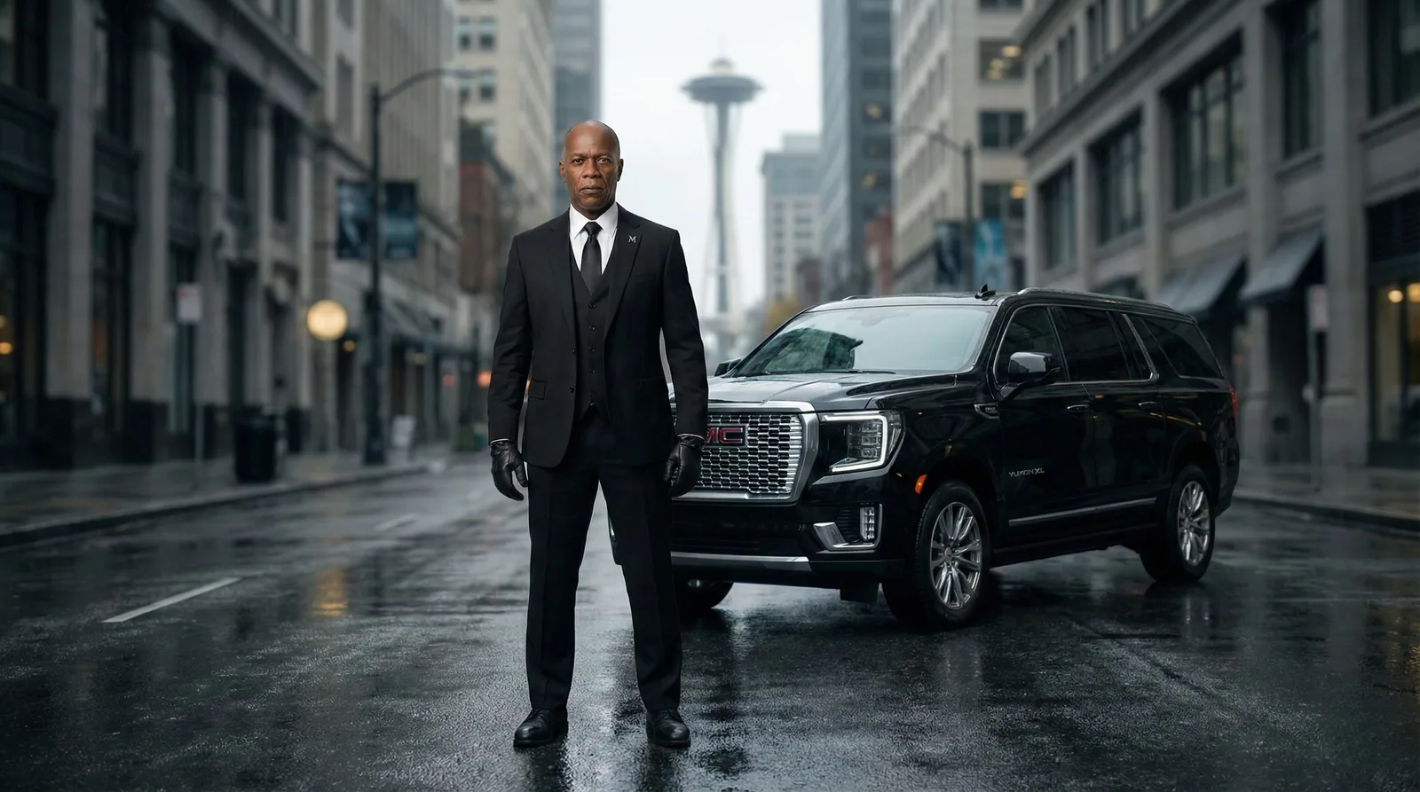 Professional chauffeur standing next to a sleek GMC Yukon XL on a downtown Seattle street