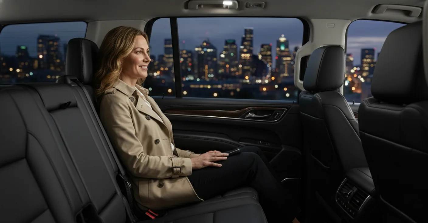 Traveler relaxing in the back of a luxury SUV at night in Downtown Seattle