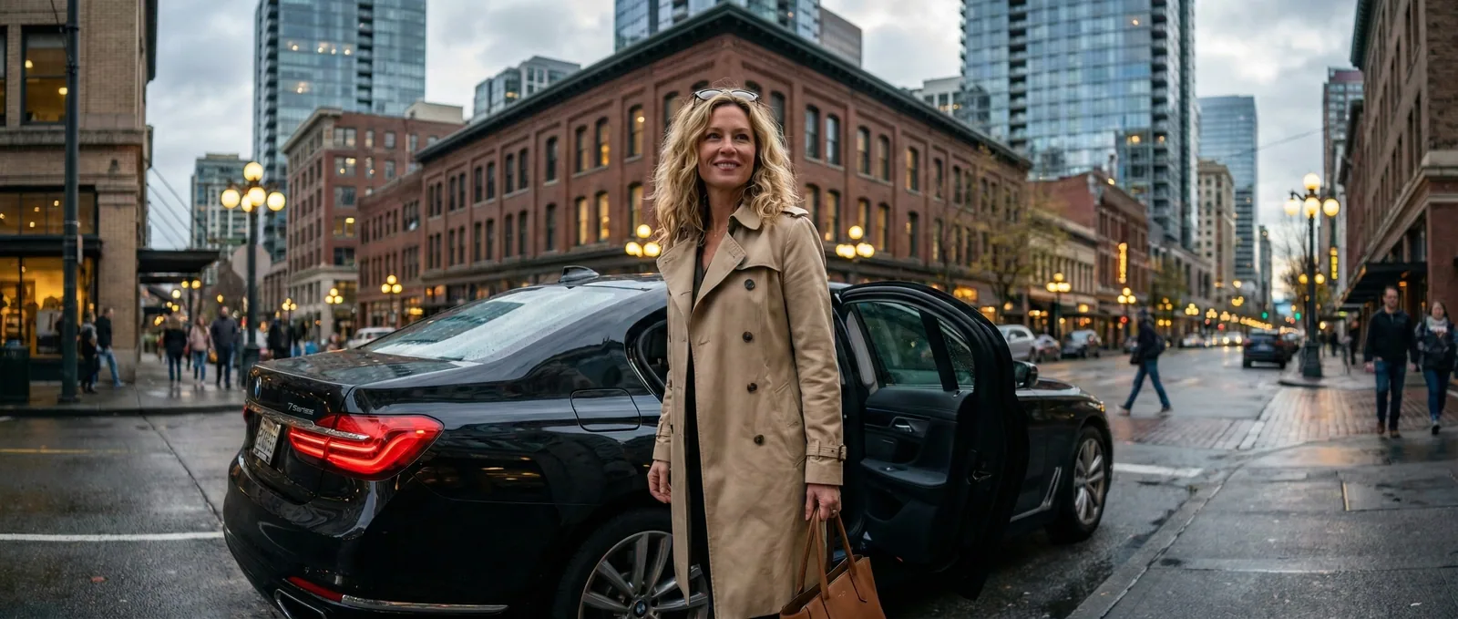 Traveler stepping out of a premium Metro Elite car service vehicle in downtown Seattle