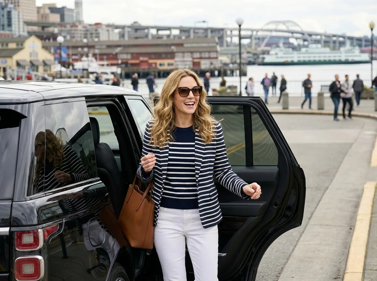 Traveler stepping out of a luxury SUV at Pier 66 in downtown Seattle