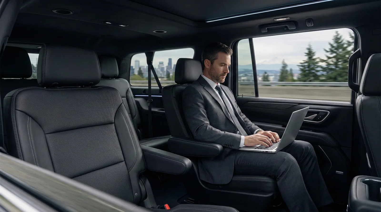 Corporate traveler working on a laptop in the plush rear cabin of a Metro Elite Yukon XL