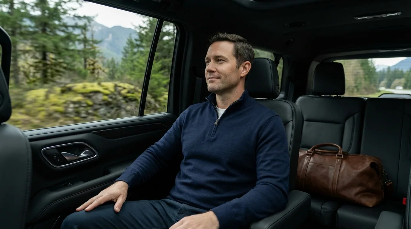 Corporate traveler relaxing in the back of a luxury SUV after arriving at SEA airport