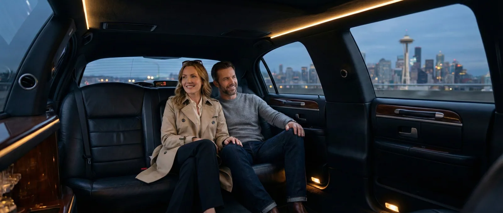 Affluent couple relaxing in the back of a luxury town car looking at the Seattle skyline