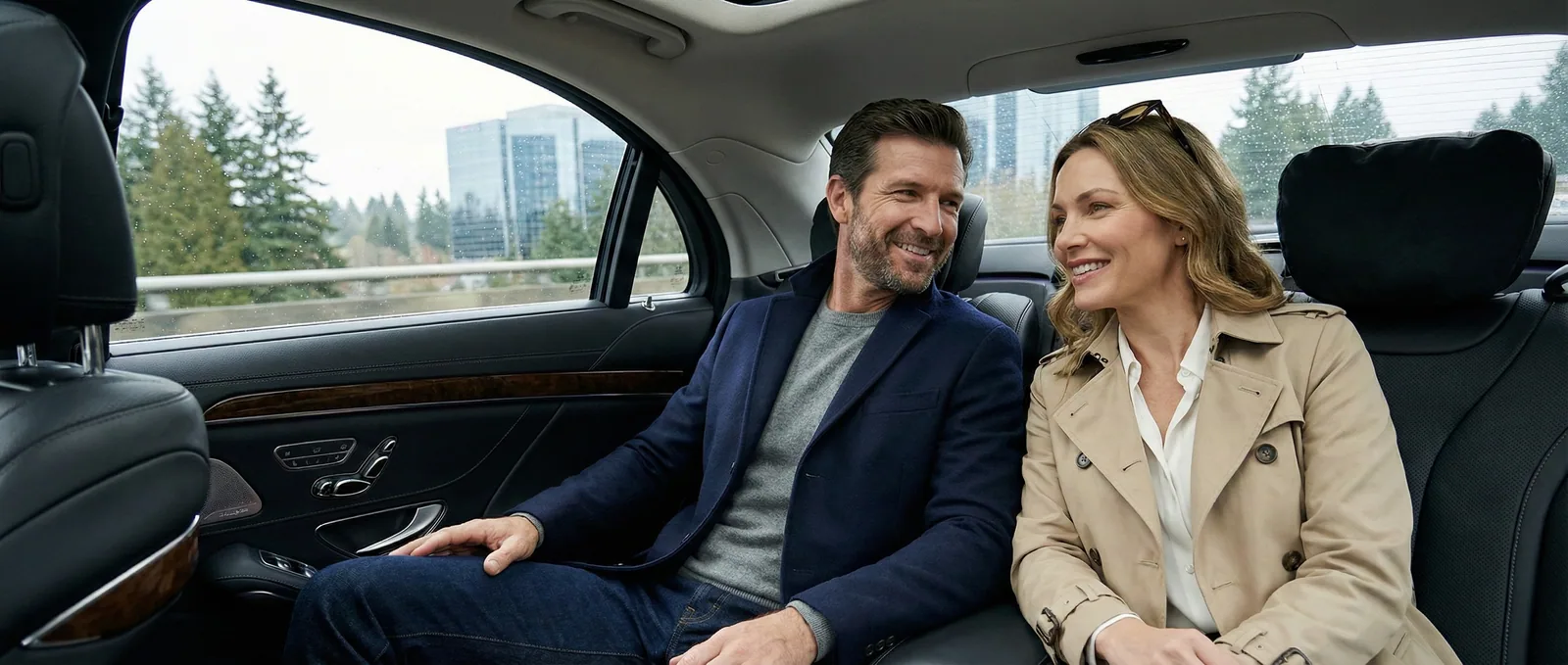 Passengers relaxing in the back seat of a luxury Metro Elite sedan driving through the Pacific Northwest