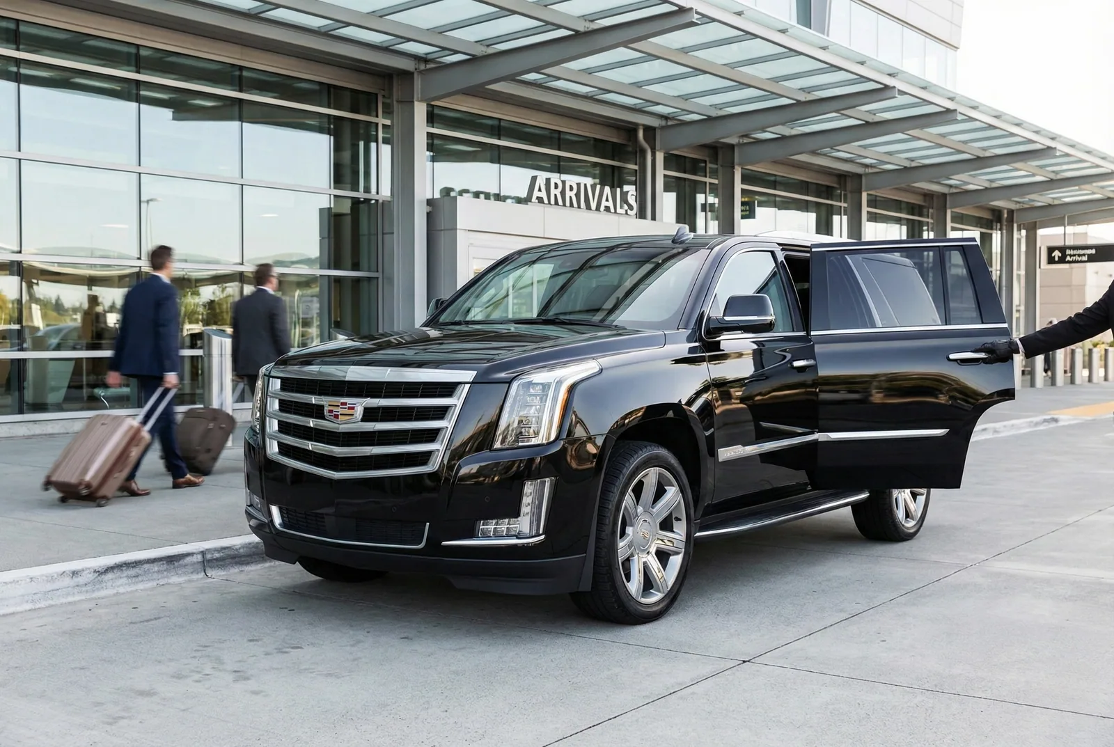 Pristine black luxury SUV parked curbside at Seattle-Tacoma International Airport with a chauffeur holding the door open