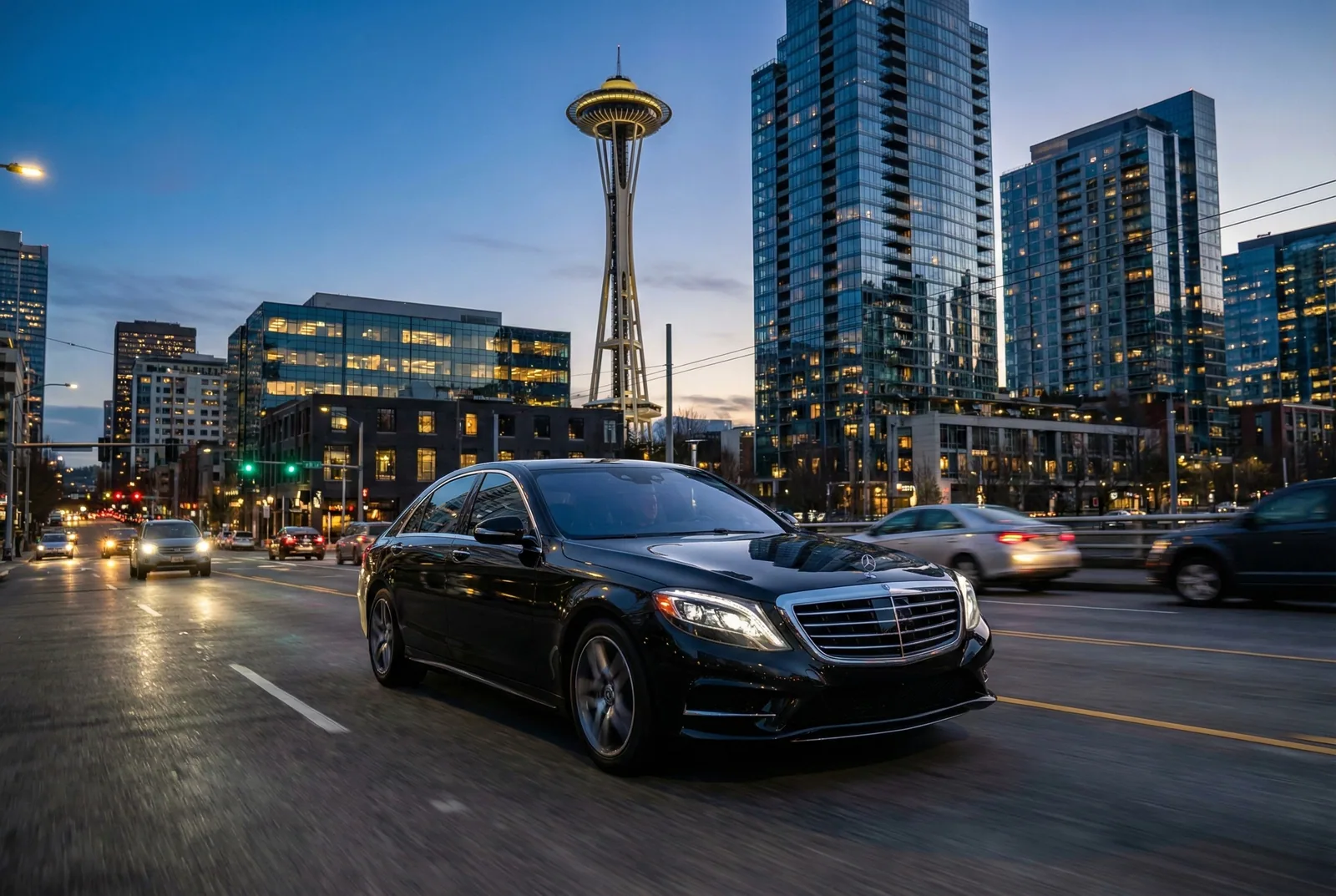 Sleek black luxury sedan driving smoothly through downtown Seattle at dusk with the Space Needle in the background